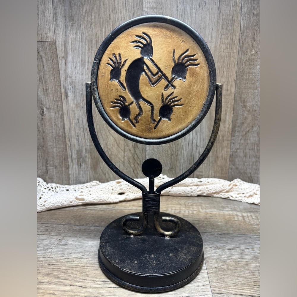 Unique Kokopelli Southwest Style Heavy Metal Rotating Tabletop Mirror Rare